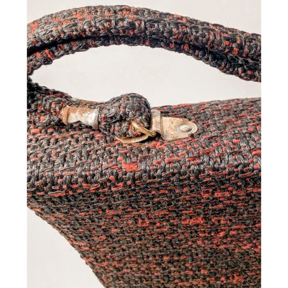 1960s Vintage Black Red Tweed Weave Medium Size Handbag Purse - Picture 6 of 14